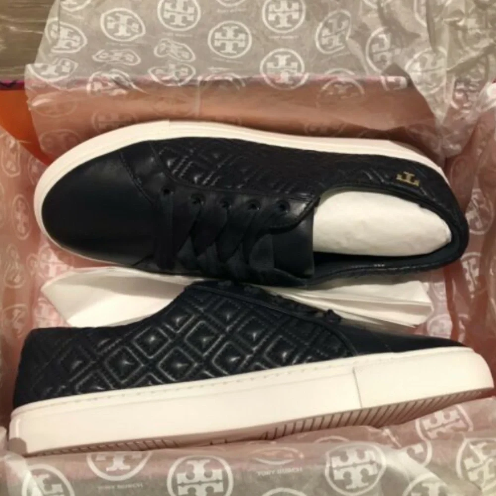 Tory Burch Navy Blue quilted lace up sneakers NIB